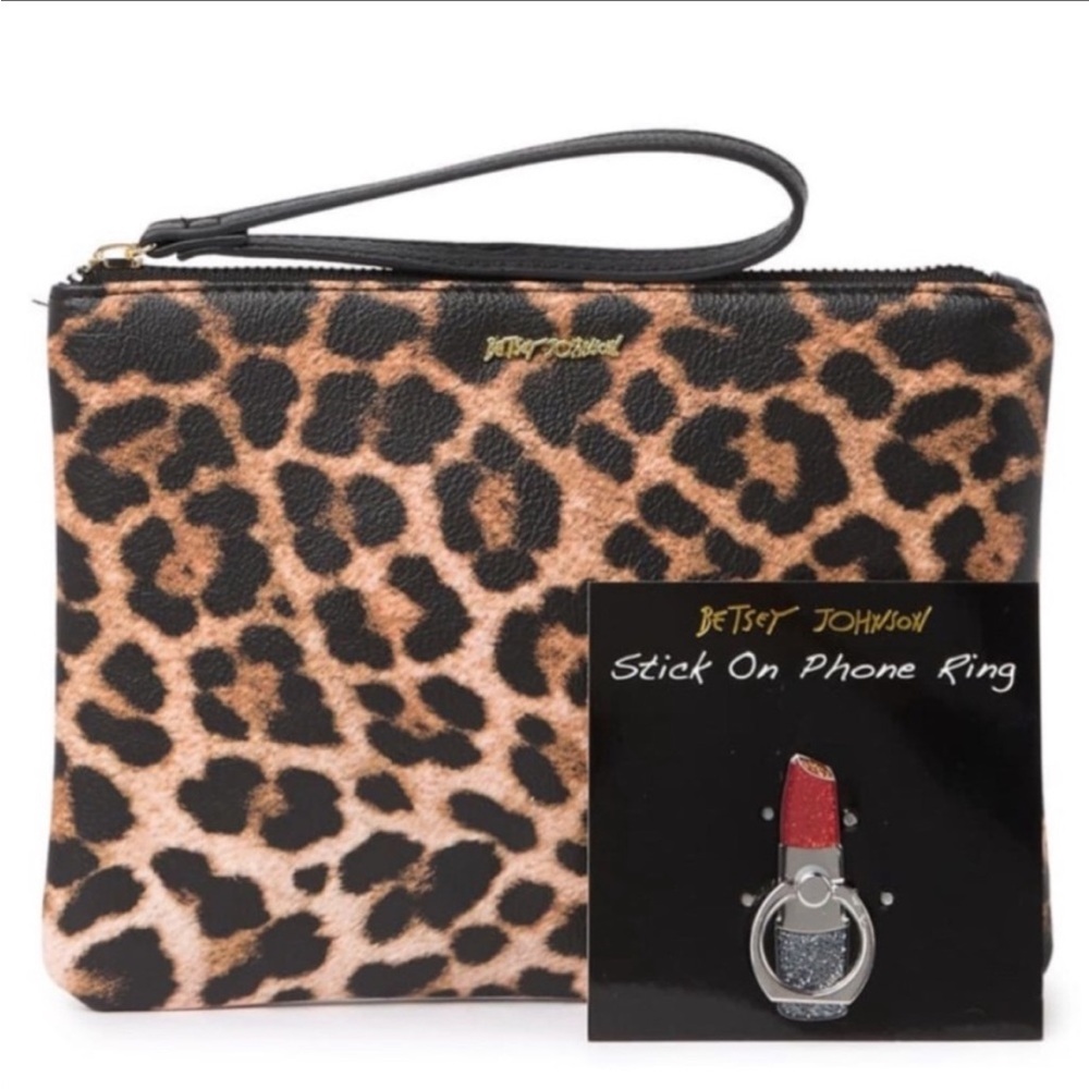 Betsy Johnson Phone A Friend Wristlet with Stick-on Phone Ring Lipstick Leopard